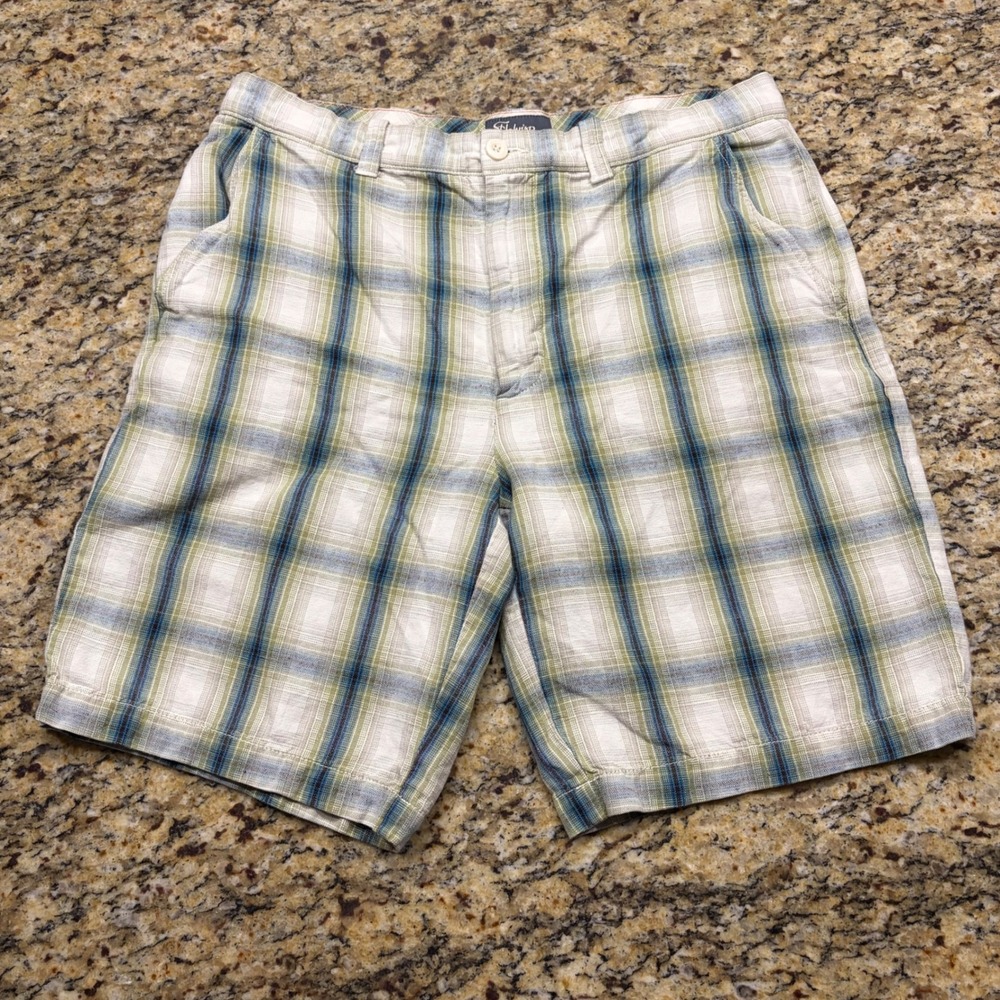 St. Johns Bay Mens Plaid Linen Blend Shorts Blue Green White 36 Casual Summer